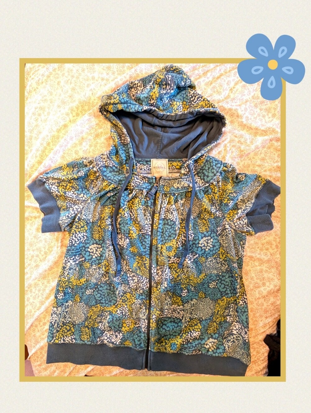 Y2k Floral Short Sleeve Full Zip Hoodie in Blue & Mustard,Merona, Size 20/22